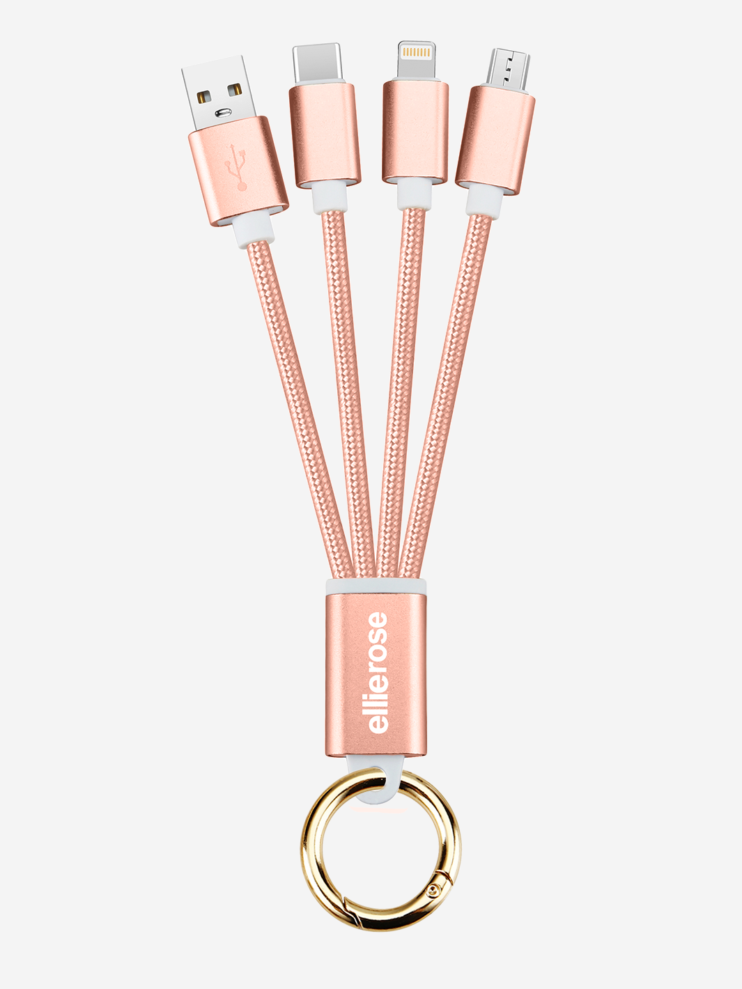 Rose gold 3-in-1 braided charging cable keychain with USB-A, USB-C, Lightning, and Micro-USB tips.