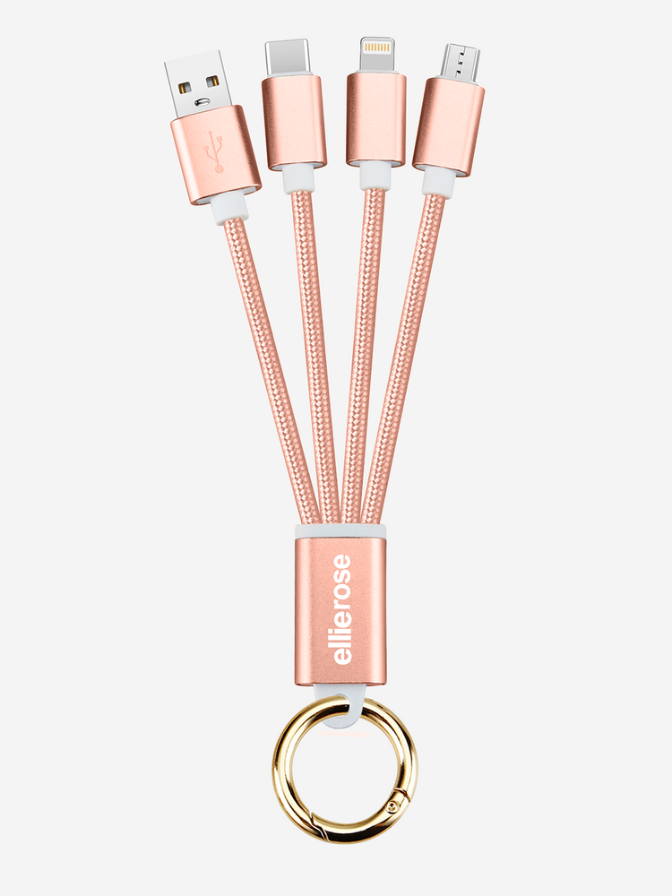 Rose gold 3-in-1 braided charging cable keychain with USB-A, USB-C, Lightning, and Micro-USB tips.