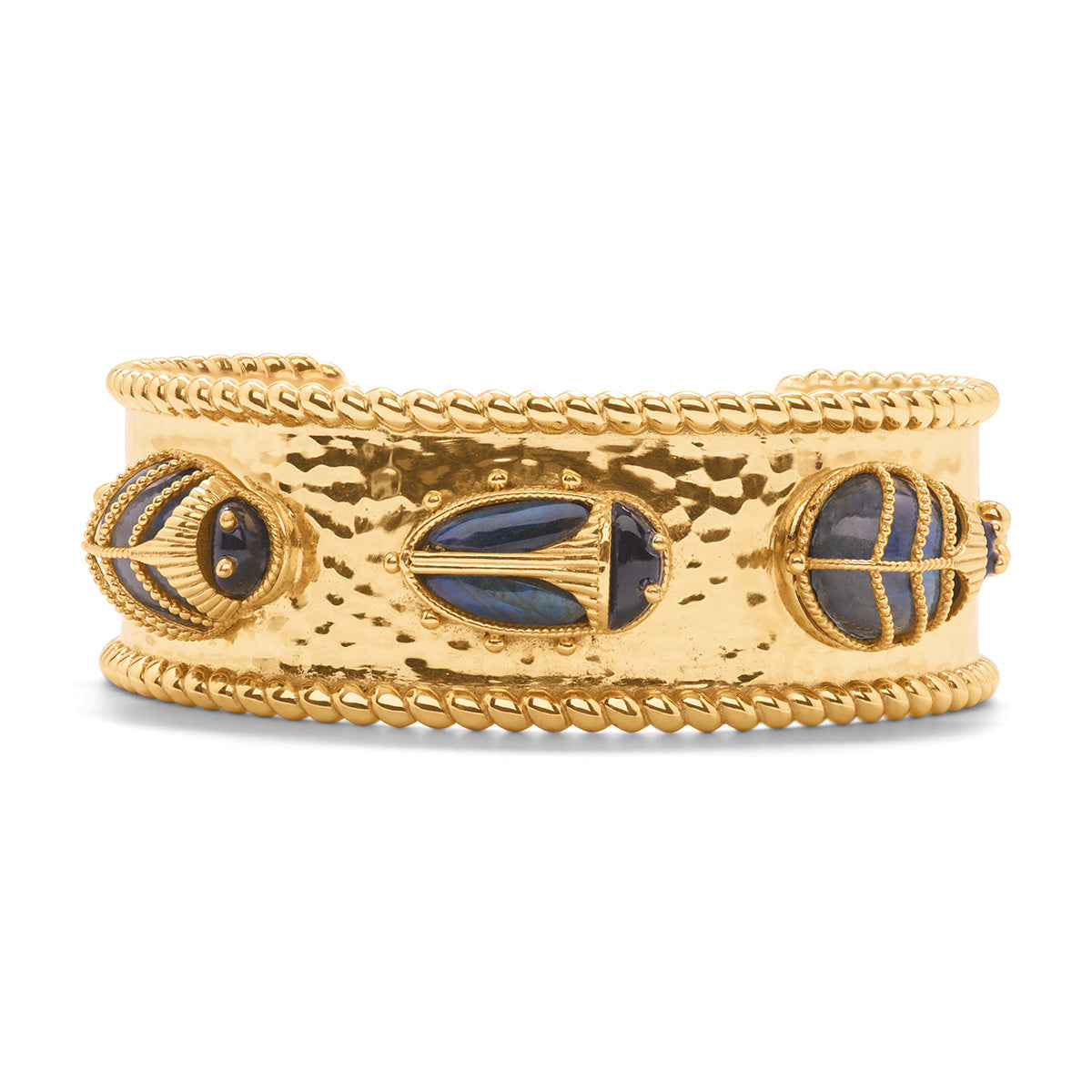 Blue Labradorite and black agate Scarab Family cuff bracelet with a polished stone silhouette.