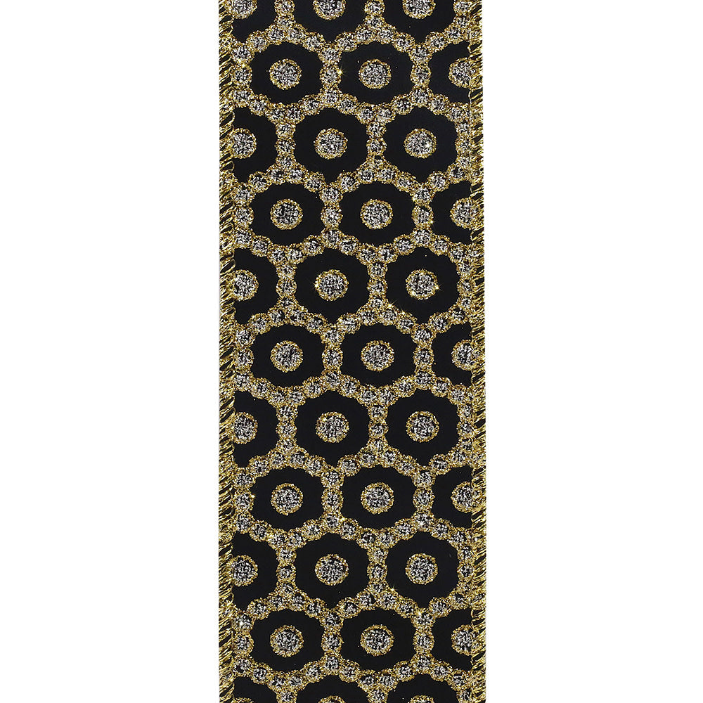 Gold and silver wired edge ribbon with a jewel sparkle pattern.