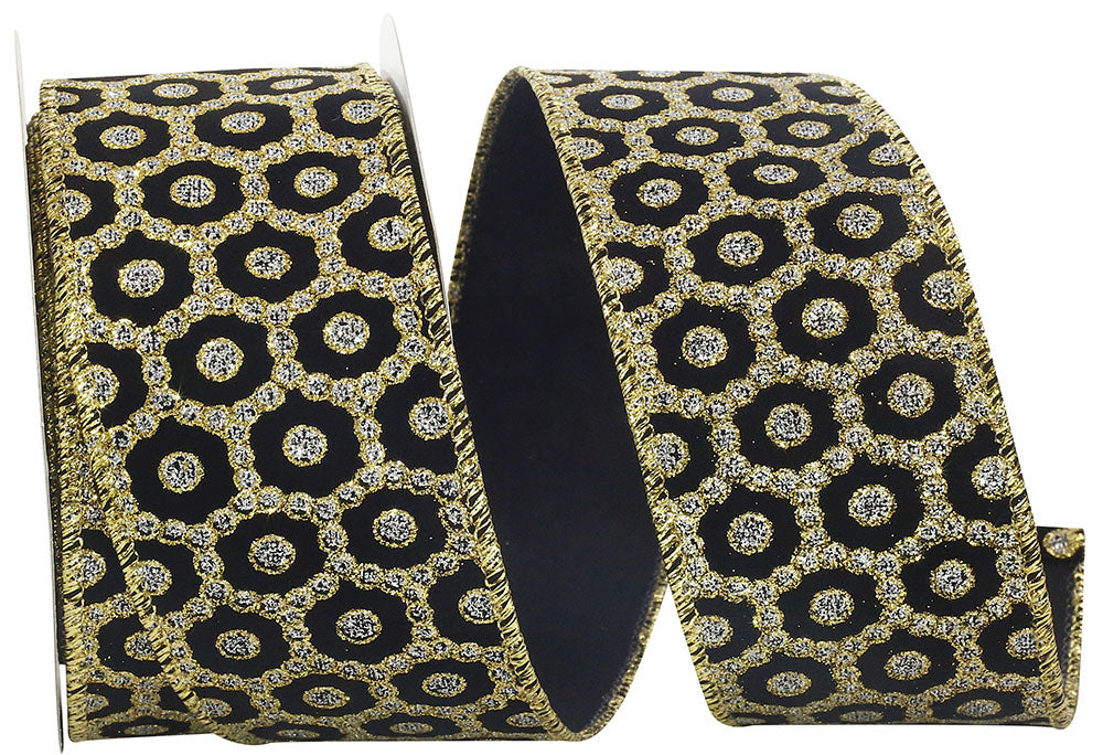 Gold and silver wired edge ribbon with a roccoco jewel pattern.
