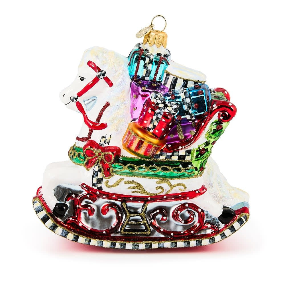 Hand-painted mouth-blown glass rocking horse ornament with brass charm.