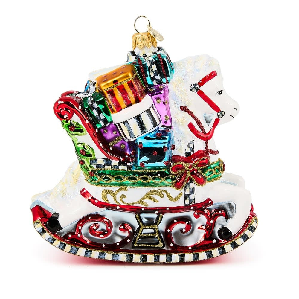 Hand-painted glass rocking horse ornament with gifts in red and green tones