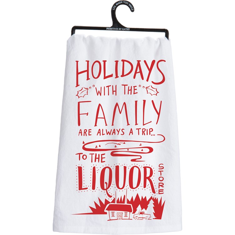 Black cotton kitchen towel with white text reading 'Remember As Far As Anyone Knows We Are A Nice & Normal Family'
