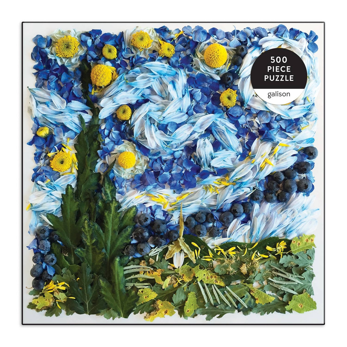 Starry Night Petals puzzle box featuring a dark blue night sky with white stars and pink flower petals.