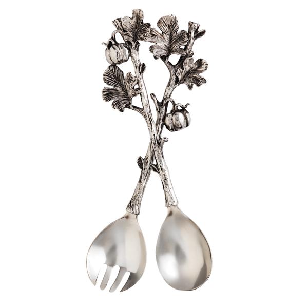 Two-piece metal branch salad server set with stainless steel heads and cast aluminum vine handles.