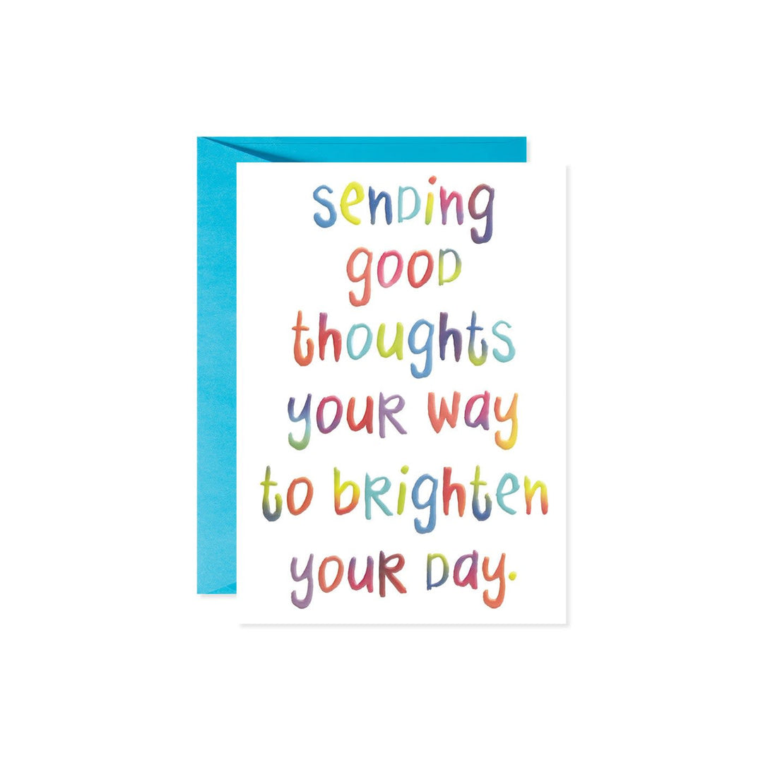 White get well card with 'Sending Good Thoughts' text in blue ink.