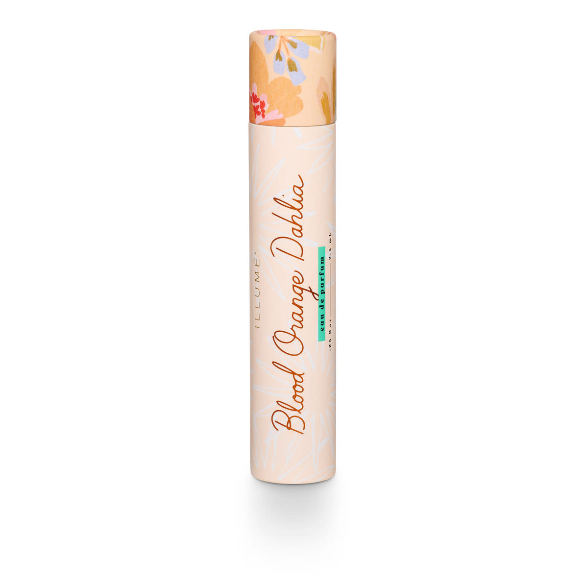 Rollerball perfume bottle with a blood orange dahlia floral scent in clear glass.
