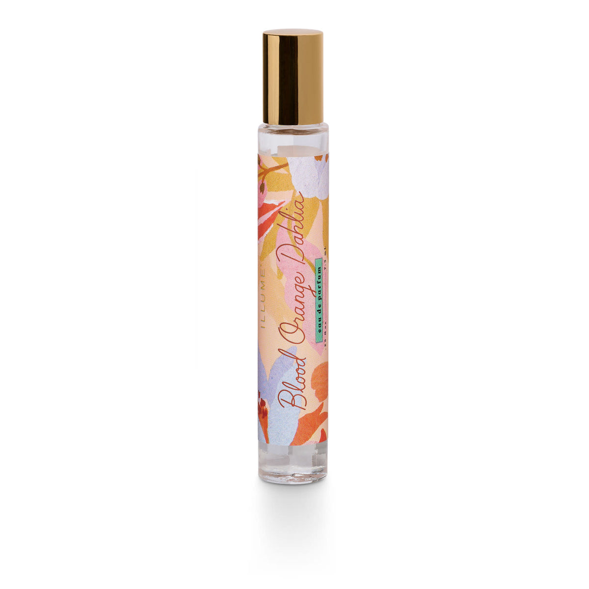 Rollerball perfume bottle with a blood orange dahlia floral scent in clear glass.