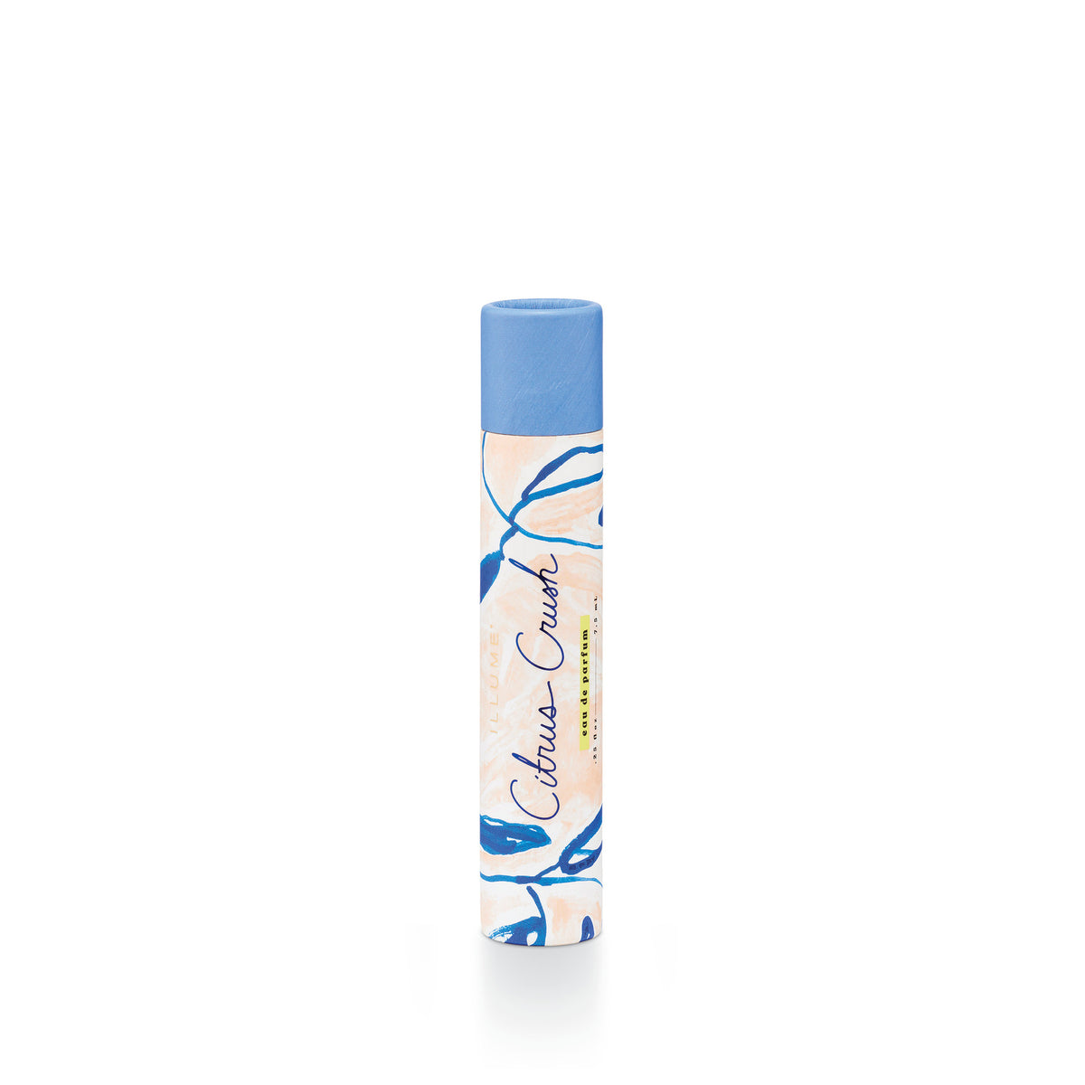 Cylindrical citrus-colored rollerball perfume bottle with a silver cap.