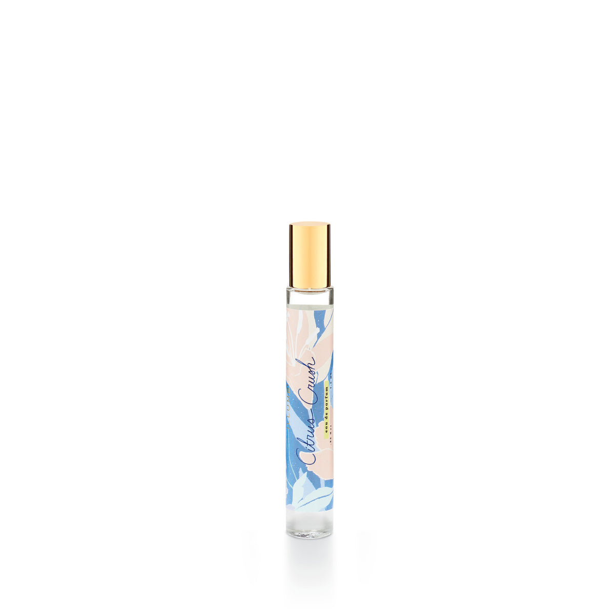 Cylindrical citrus-scented rollerball perfume bottle with a silver cap.