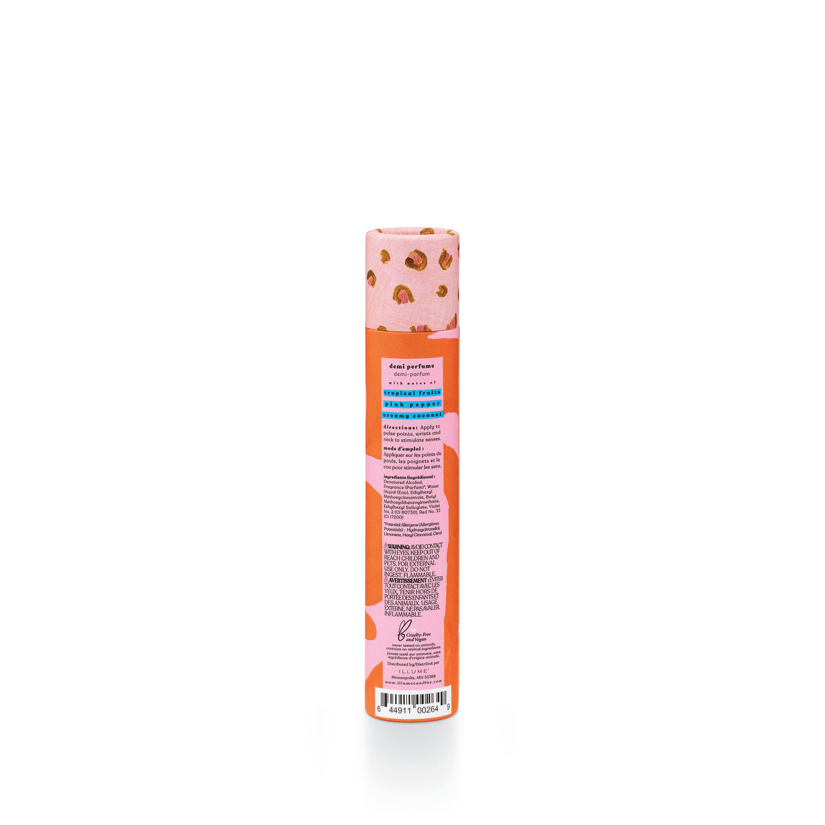 Pink pepper fruit rollerball perfume in a clear glass bottle with silver cap.