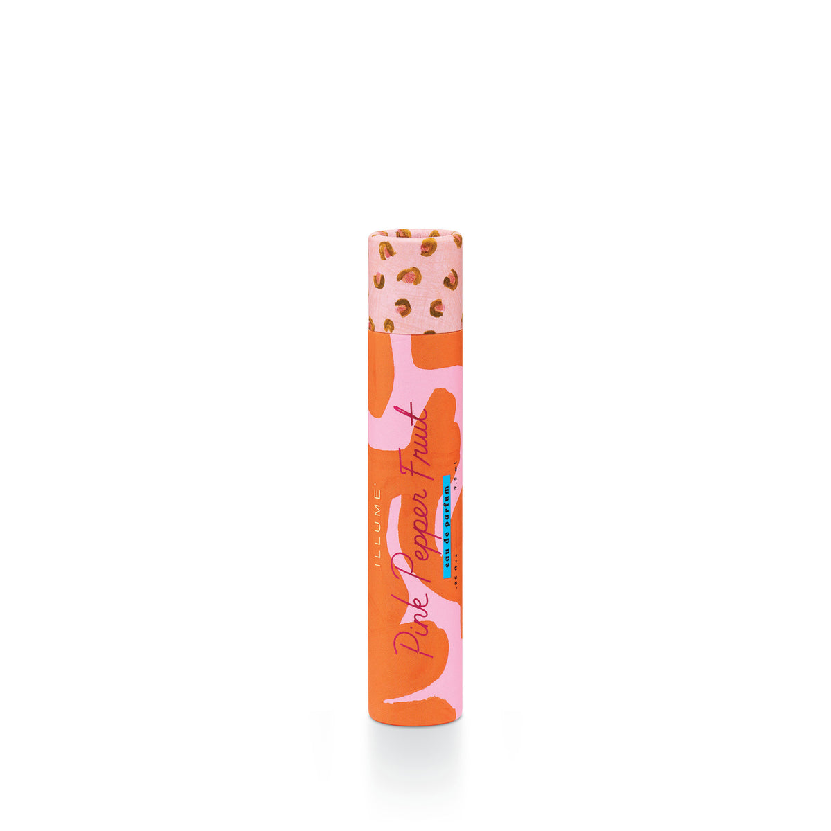 Pink pepper fruit rollerball perfume in a clear glass bottle with silver cap.