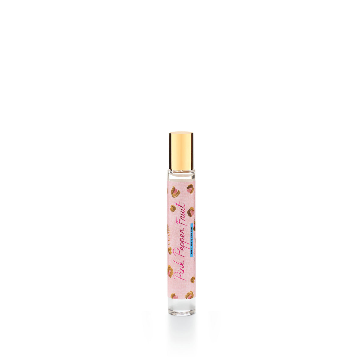 Pink pepper fruit rollerball perfume in a clear glass bottle with silver cap.