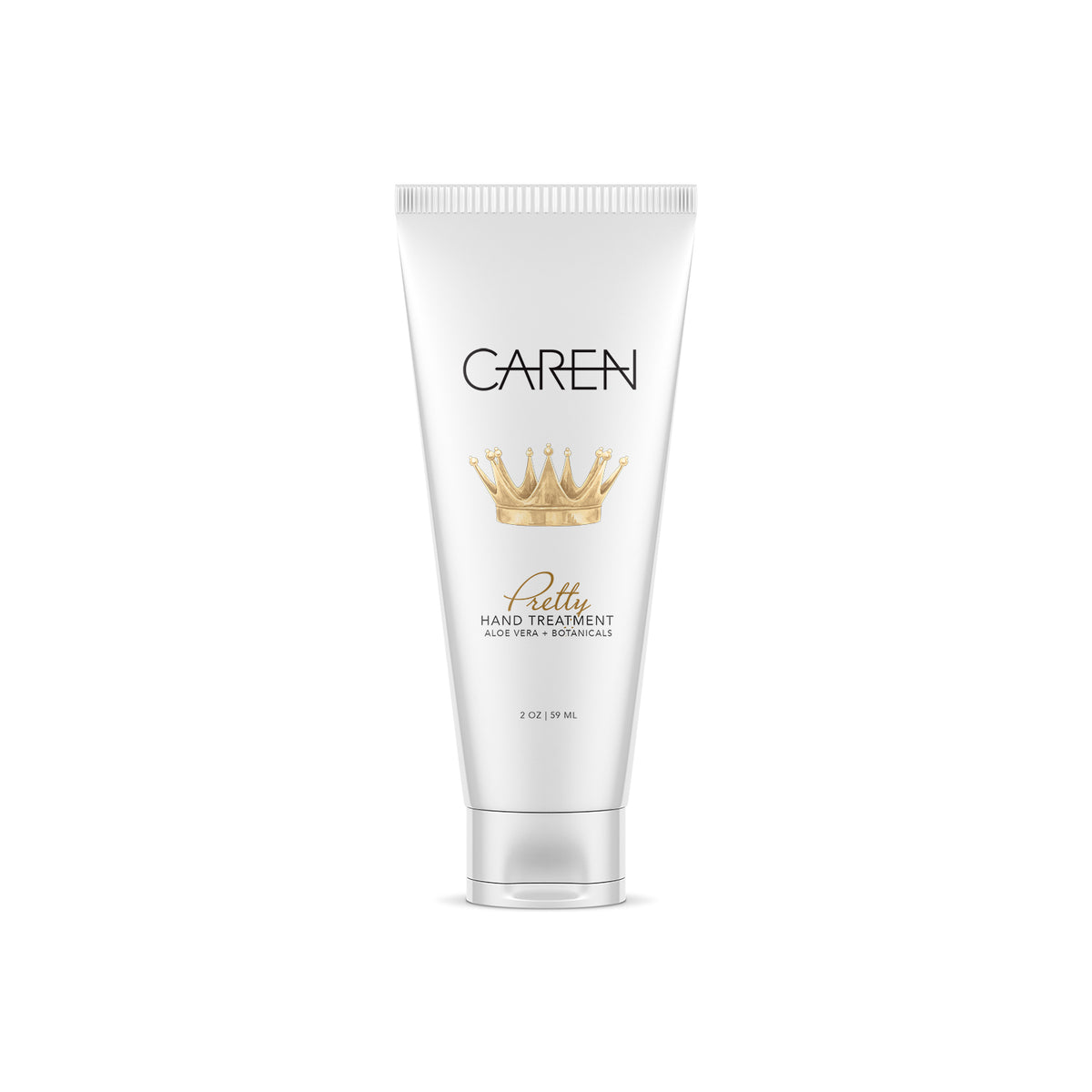 Caren Pretty Hand Treatment 2oz white tube with a gold crown illustration.