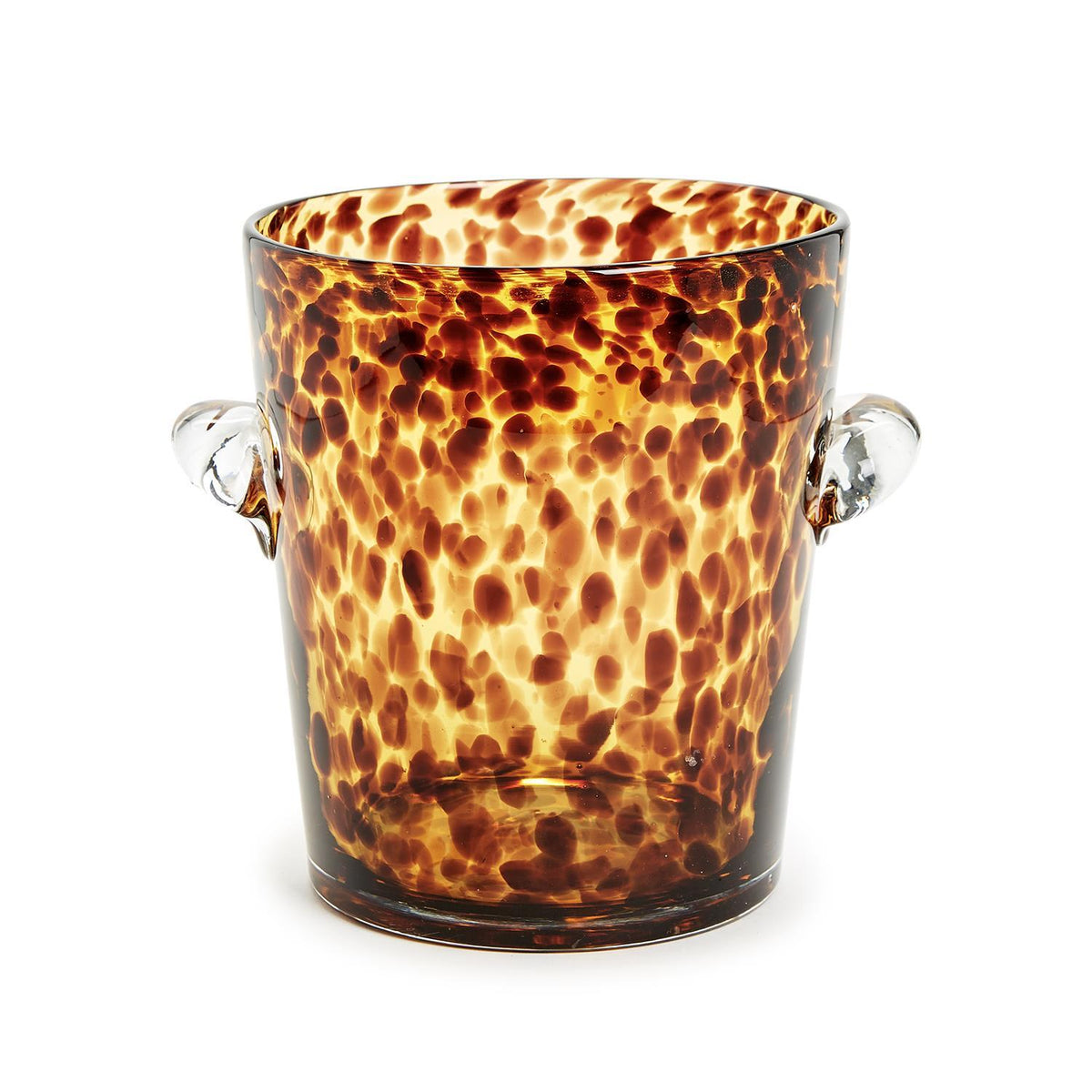 Glass ice bucket with a brown and amber tortoise print and clear glass side handles.