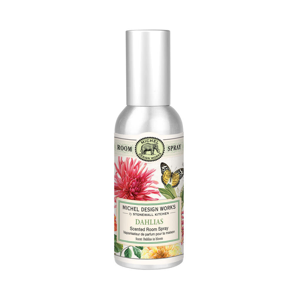 Glass bottle room spray with dahlia floral label