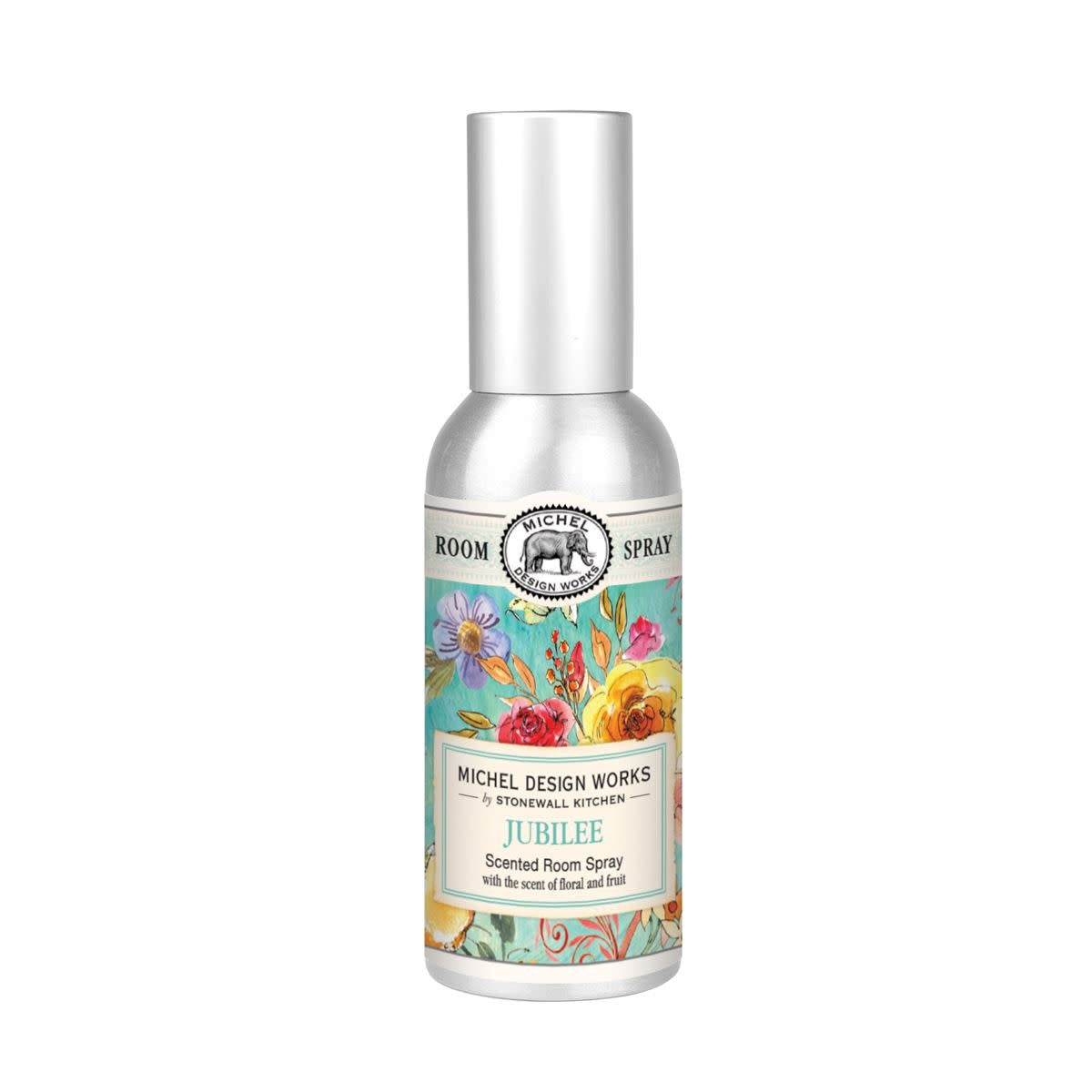 Jubilee room spray bottle with clear glass body containing pale yellow liquid.