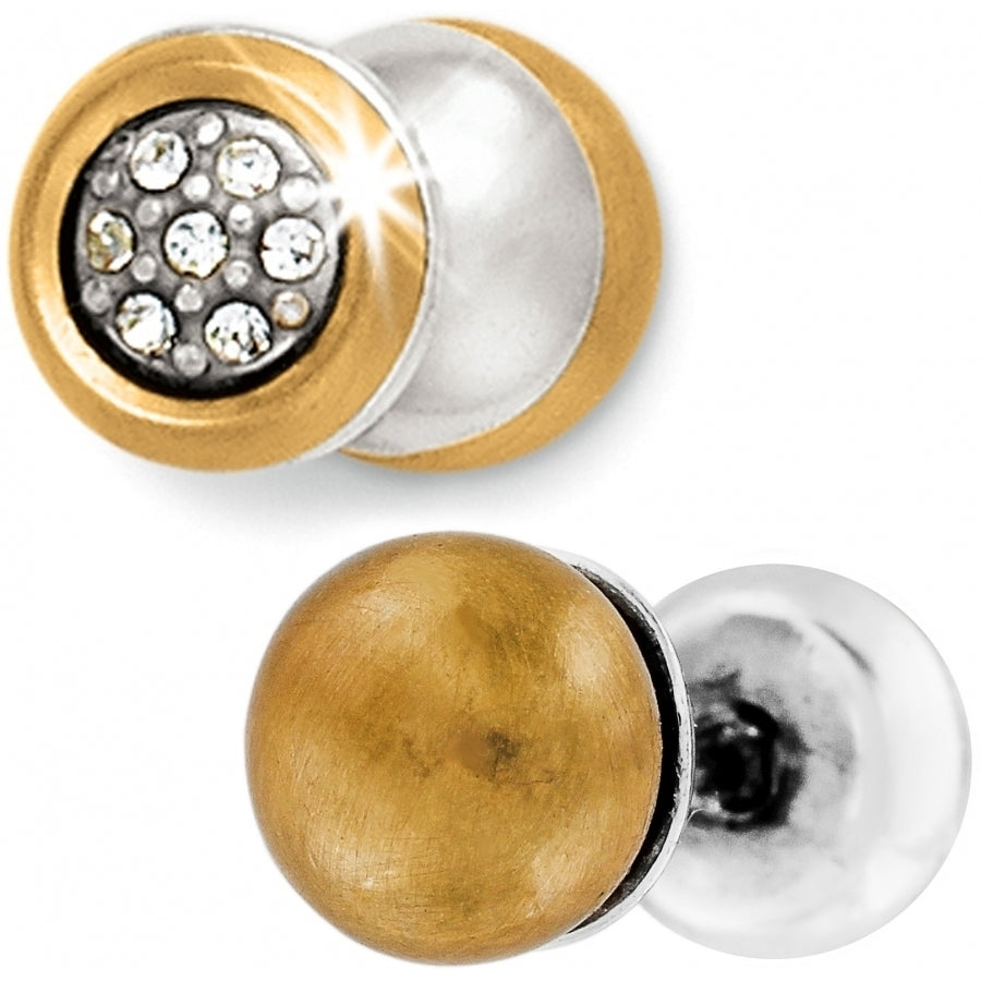 Reversible post earrings featuring silver-plated crystal on one side and brushed gold finish on the reverse.