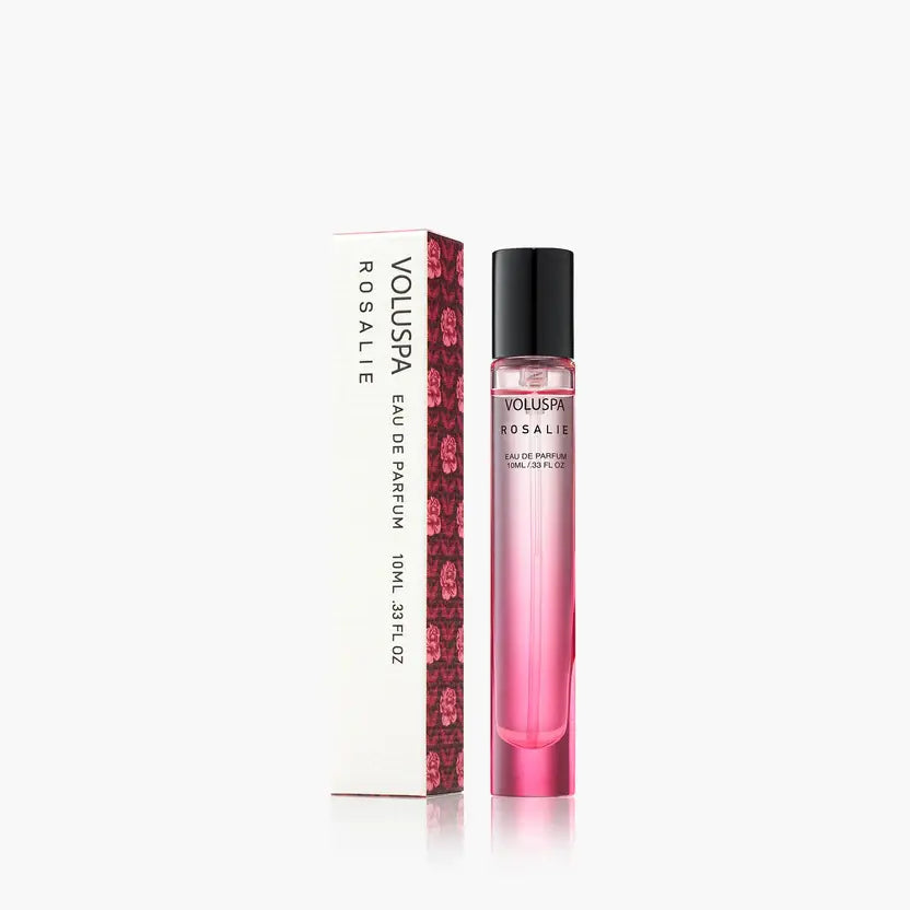 Rosalie Eau De Parfum bottle with pink floral label featuring Bulgarian Rose notes