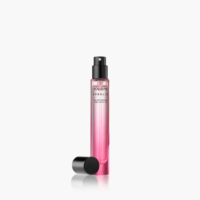 Rosalie Eau De Parfum bottle with a pink floral label featuring Bulgarian Rose notes.