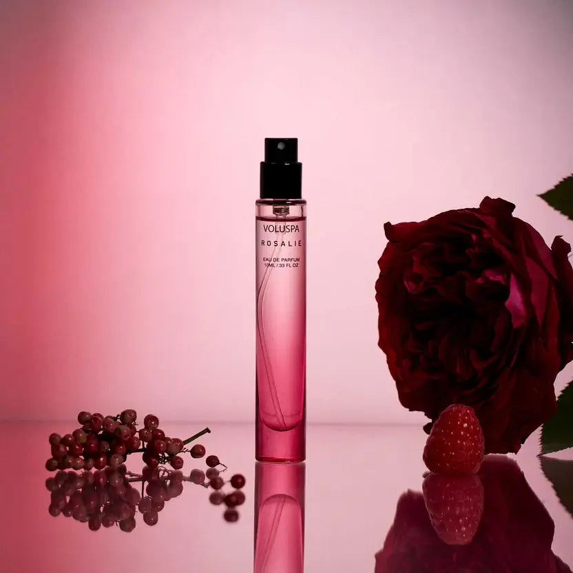 Rosalie Eau De Parfum bottle with pink cap featuring notes of Bulgarian Rose.
