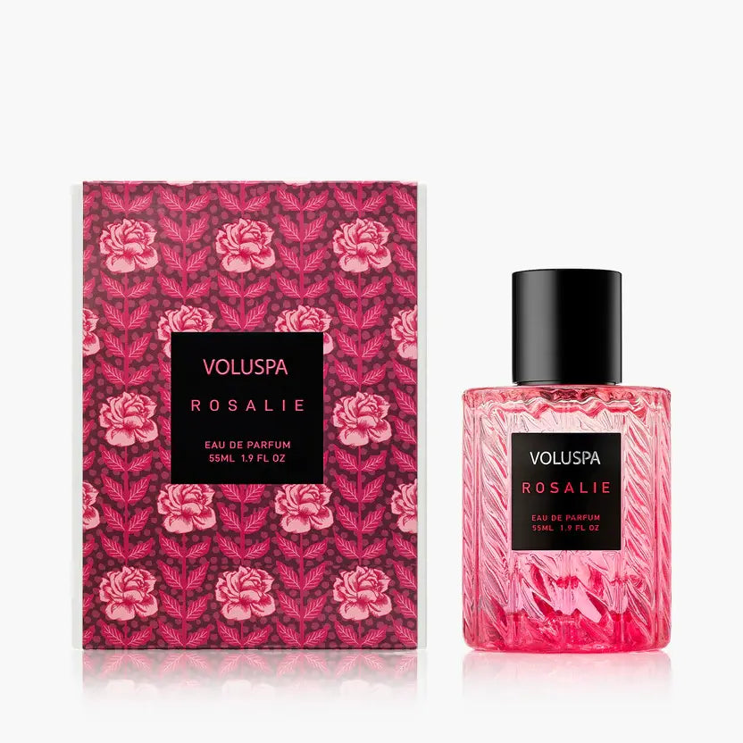 Rosalie Eau De Parfum bottle with pink floral label featuring Bulgarian Rose notes.