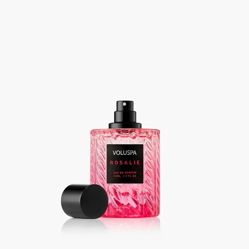 Rosalie Eau De Parfum bottle with pink pepper rose raspberry notes in a clear glass container