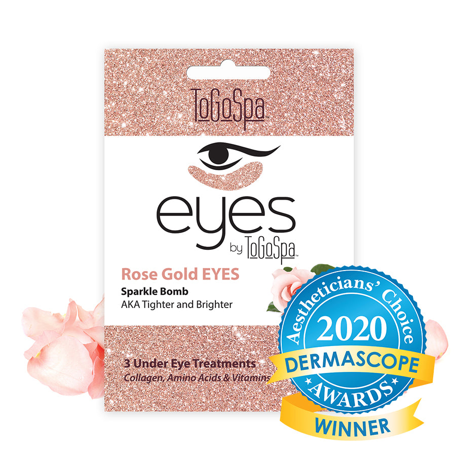 Rose Gold Eyes eye cream tube with pink rose extract ingredients listed on the label.