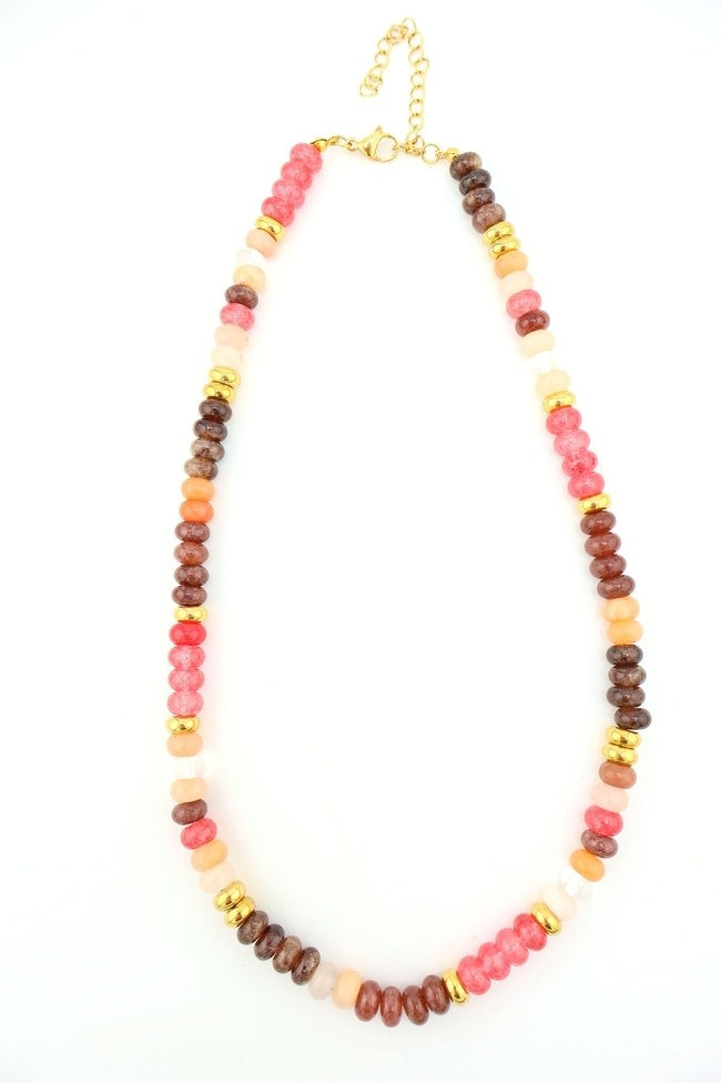 Adjustable necklace with rose warm hues gemstone colorblock beads in pink, brown, peach, and gold.