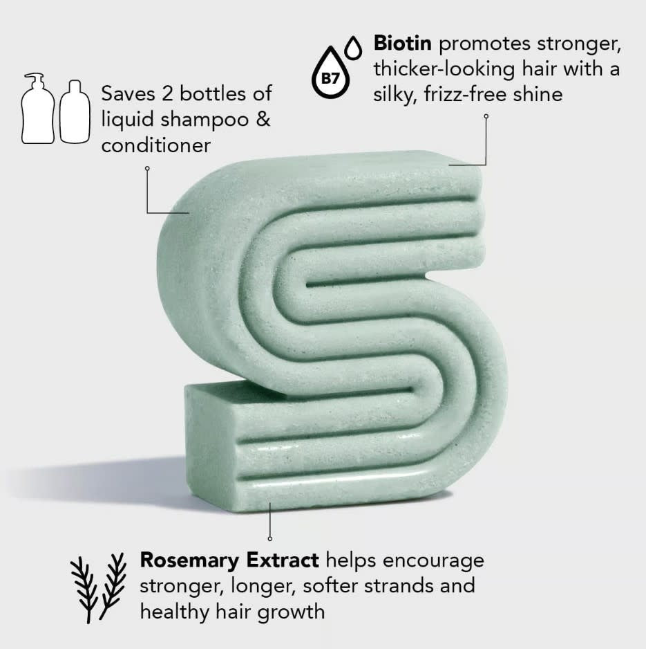 Rosemary & Biotin volumizing solid shampoo bar in a natural beige color with visible botanical speckles.