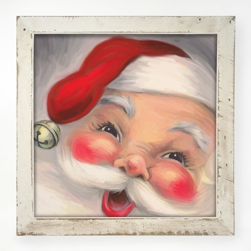White painted barnwood frame with permanently mounted Rosey Cheek Santa print on hardboard.