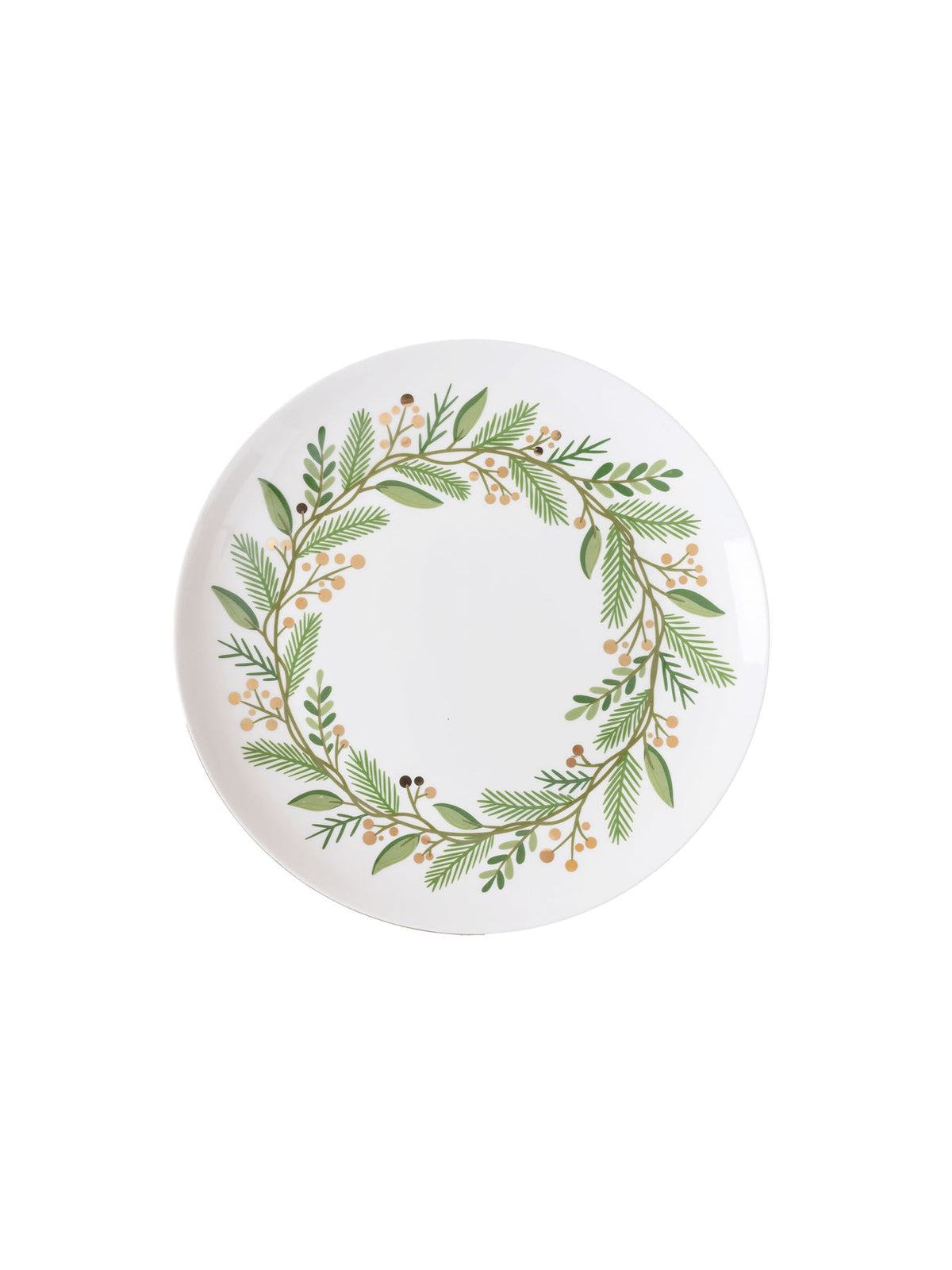 White ceramic dinner plate featuring a green and gold botanical wreath design with gold foil trim.