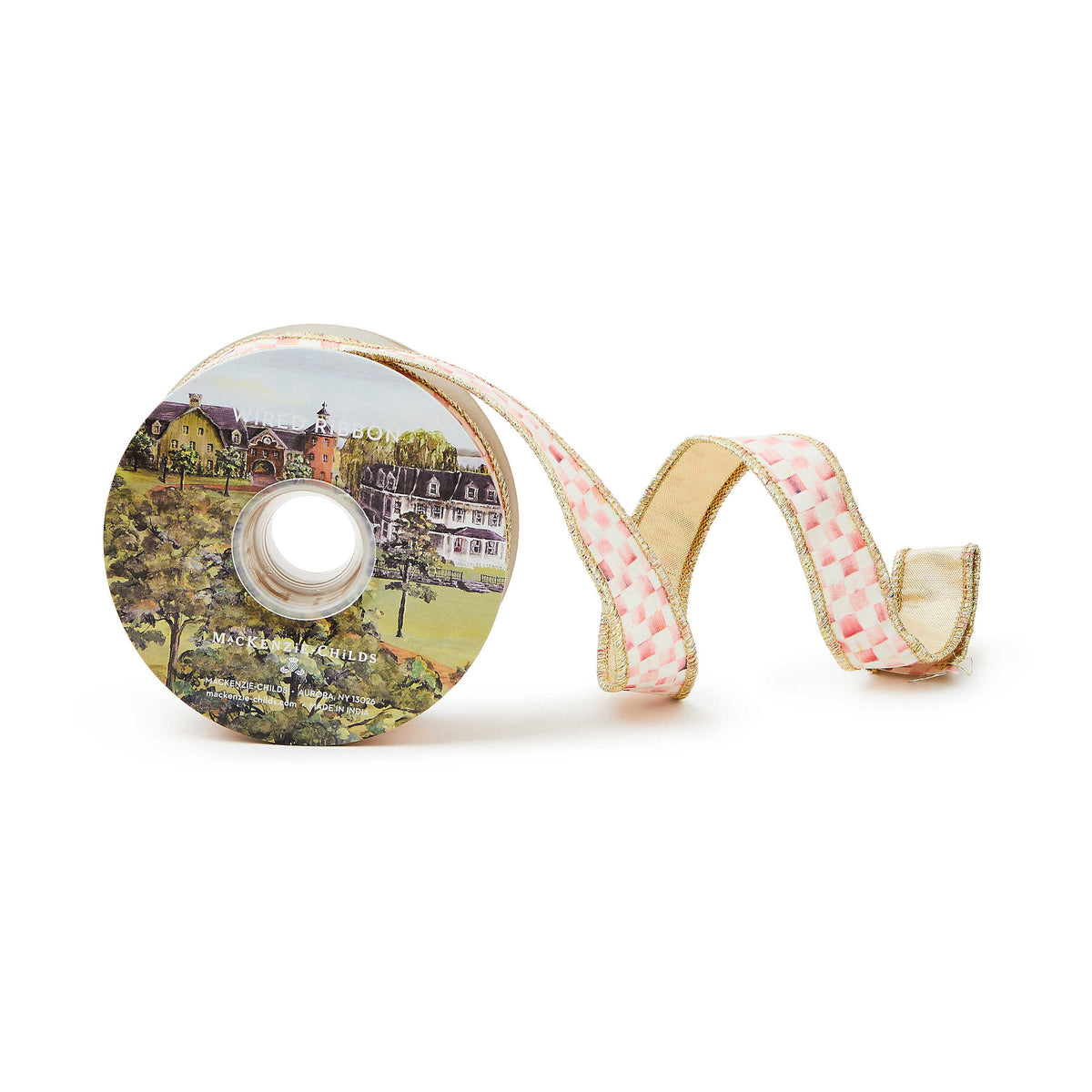 One-inch wide rosy pink polyester ribbon with a checkered pattern.