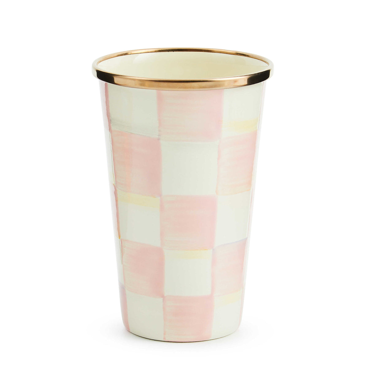 Hand-painted Rosy Check enamel tumbler with bronzed stainless steel rim and heavy-gauge steel body.