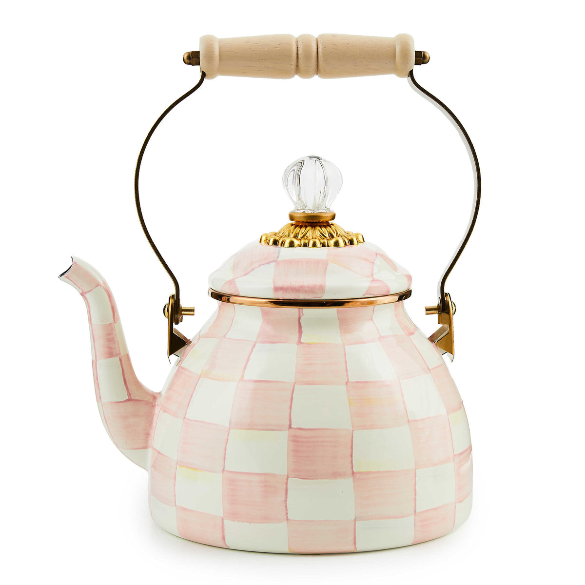 Hand-painted Rosy Check enamel tea kettle with wood handle and brass accents