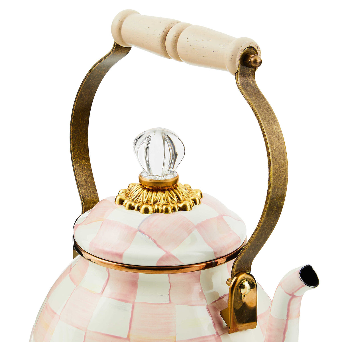 Hand-painted Rosy Check enamel tea kettle with wood handle and brass accents