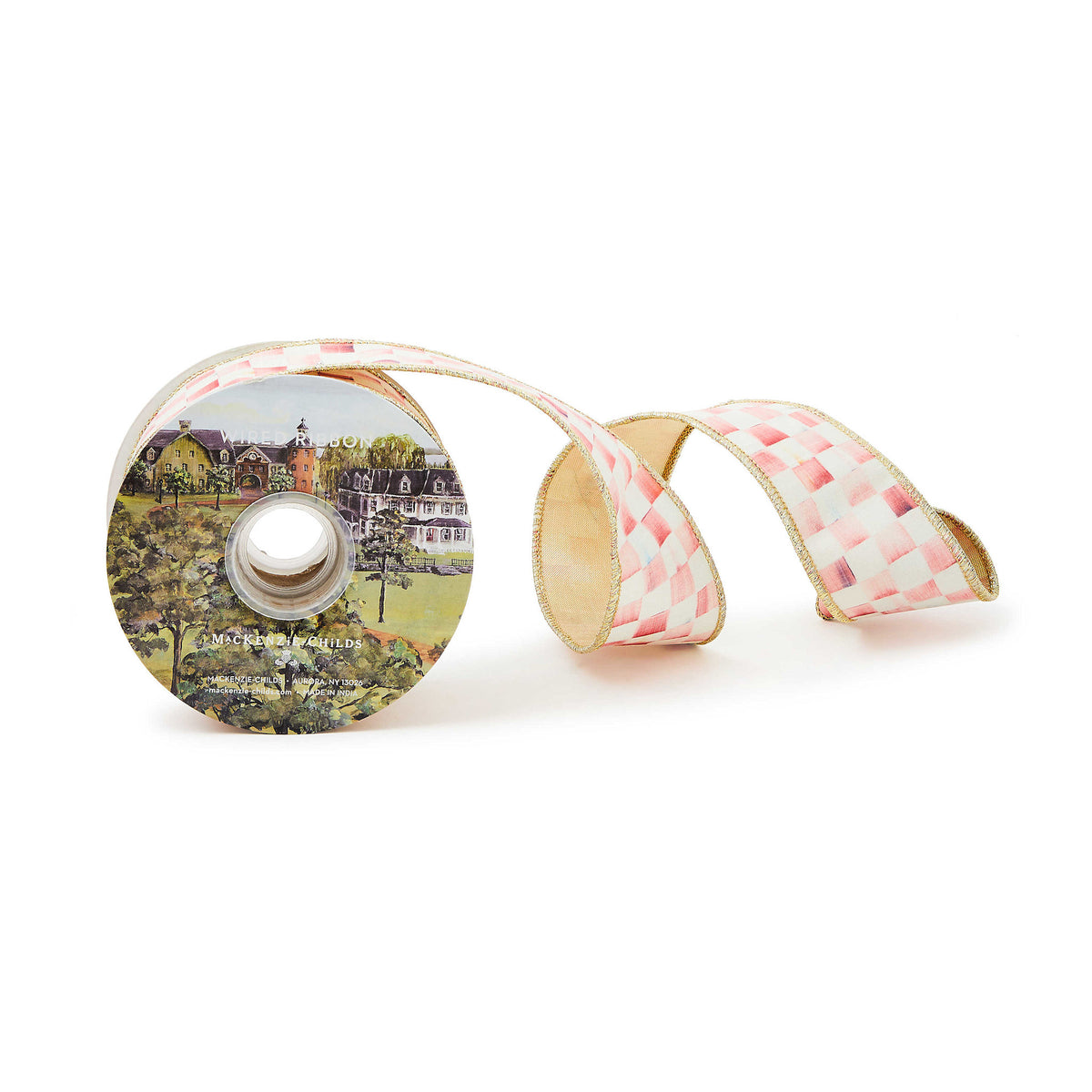 A spool of rosy pink polyester ribbon with a checkered pattern.