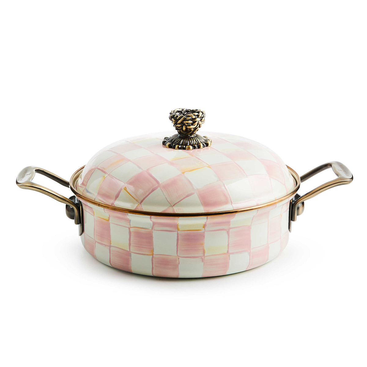 Hand-glazed Rosy Check casserole with robin's nest knob in pink floral pattern on heavy-gauge steel.