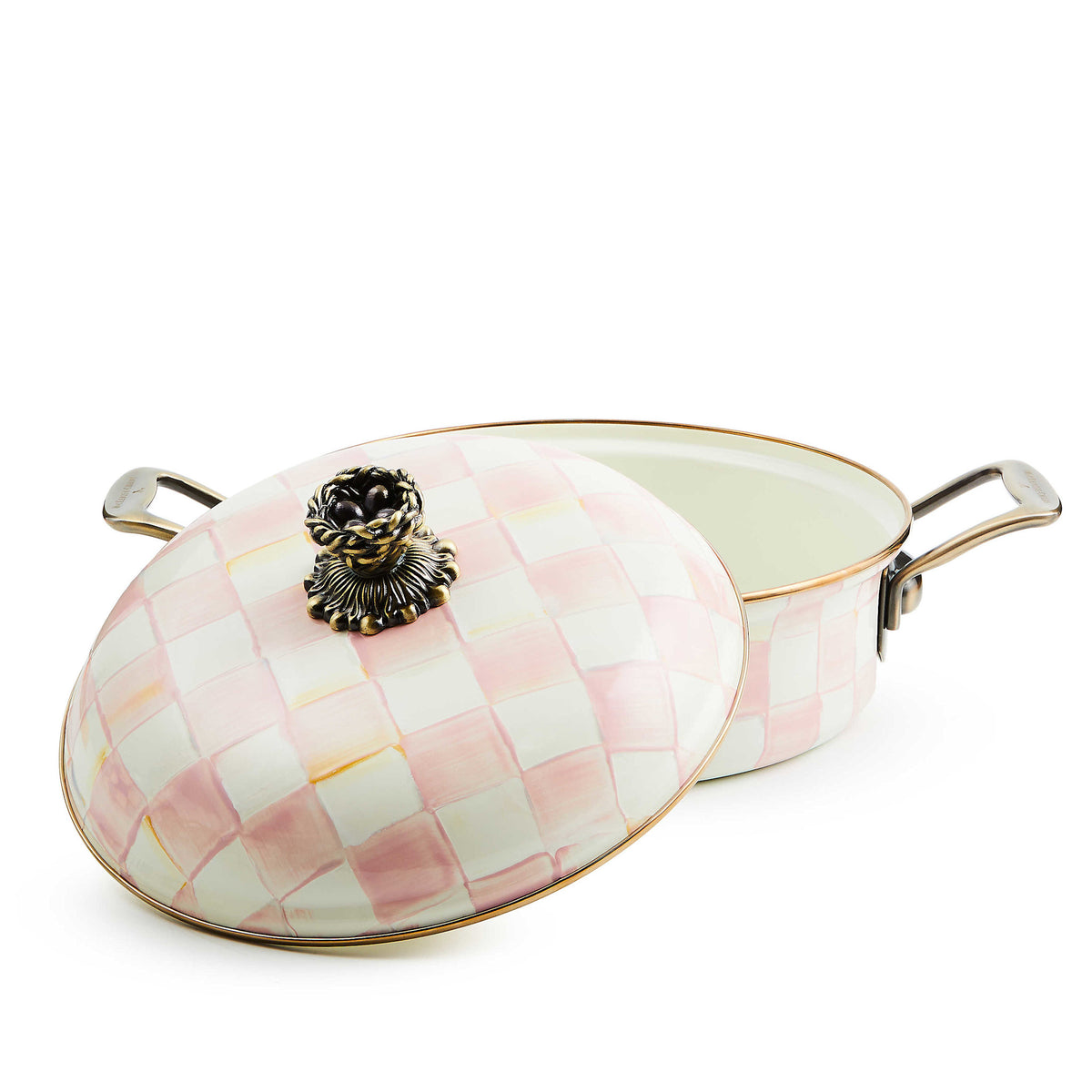 Hand-glazed Rosy Check casserole with robin's nest knob in rosy floral pattern on heavy-gauge steel