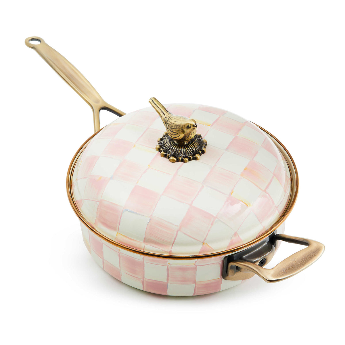 Hand-glazed Rosy Check sauté pan with antique brass knob