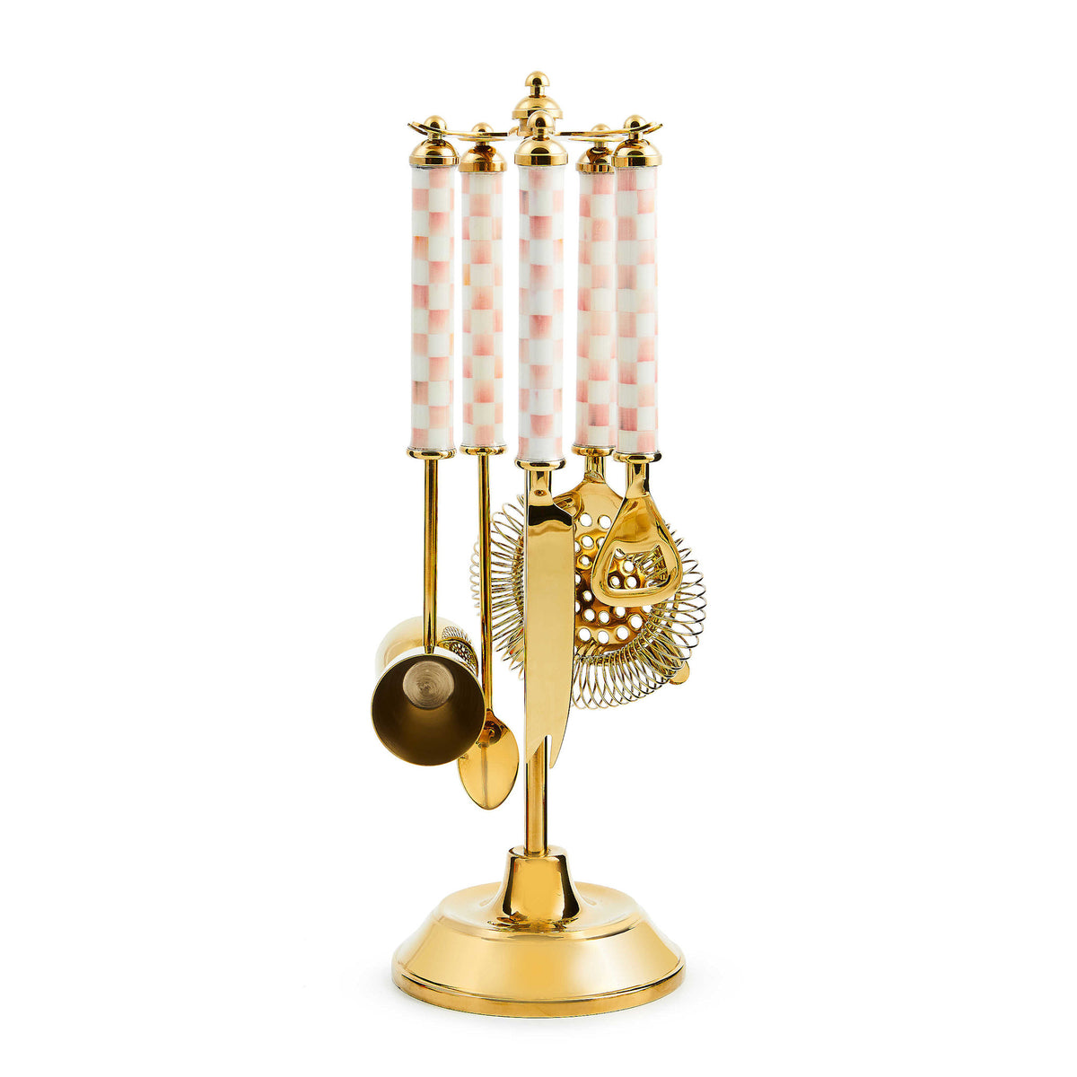 Rosy Check gold bar tool set with stainless steel pieces featuring a clear enamel coating and check pattern.