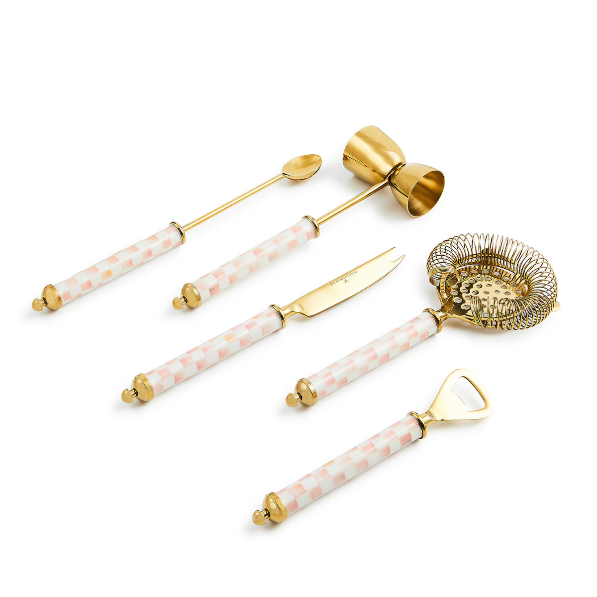 Stainless steel bar tool set with gold enamel coating featuring a stand, bottle opener, knife, strainer, jigger, and spoon.