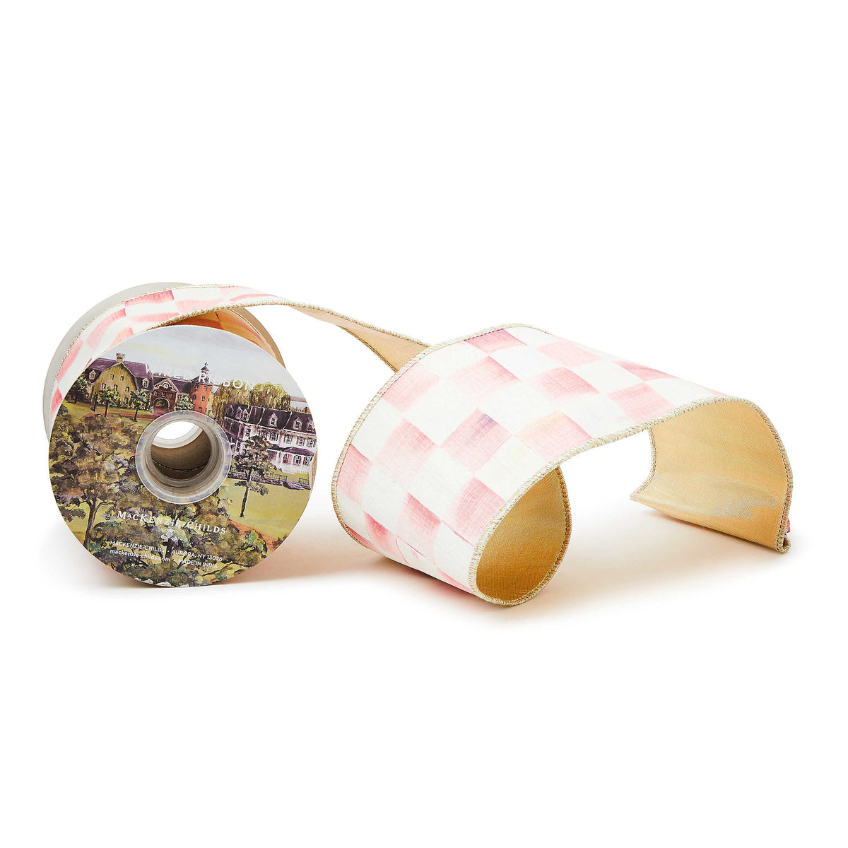 4-inch wide rosy pink polyester ribbon with a checkered pattern.