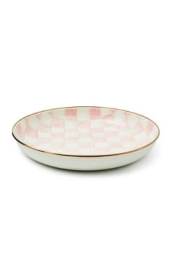 Hand-glazed steel abundant bowl with hand-painted rosy check pattern on a bronzed stainless rim.