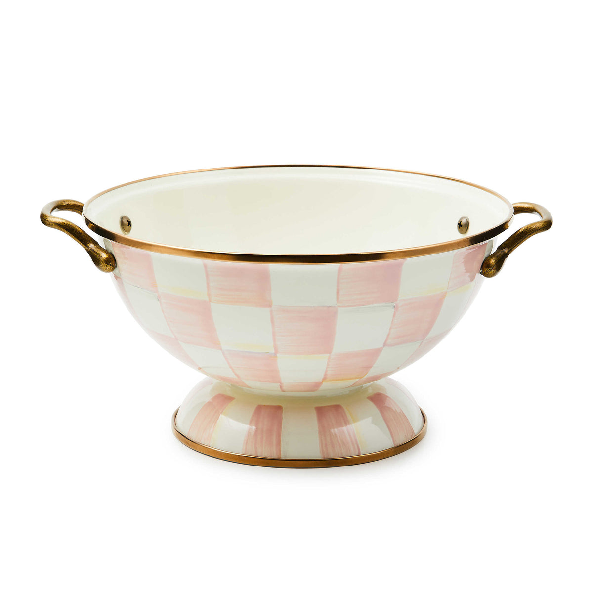 Hand-painted Rosy Check enamel bowl with antiqued brass handles and bronzed stainless steel rim.