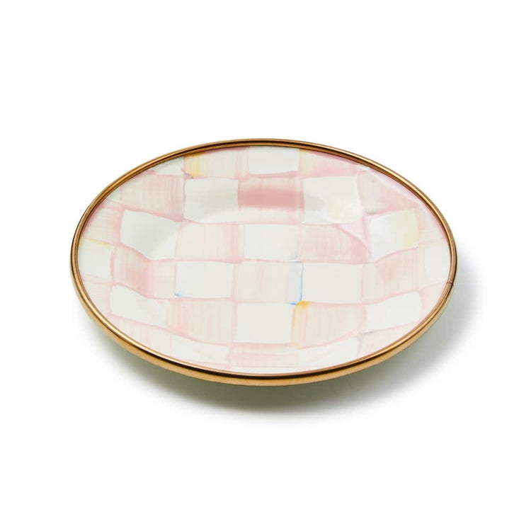 Rosy Check appetizer plate with glossy hand-painted checks on heavy-gauge steel and bronzed stainless rim.