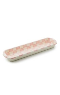 Hand-glazed steel baguette dish with hand-painted Rosy Check floral pattern.