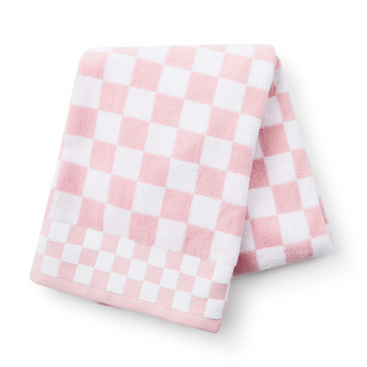 Pink check bath towel made of cotton terrycloth with a matching border trim.