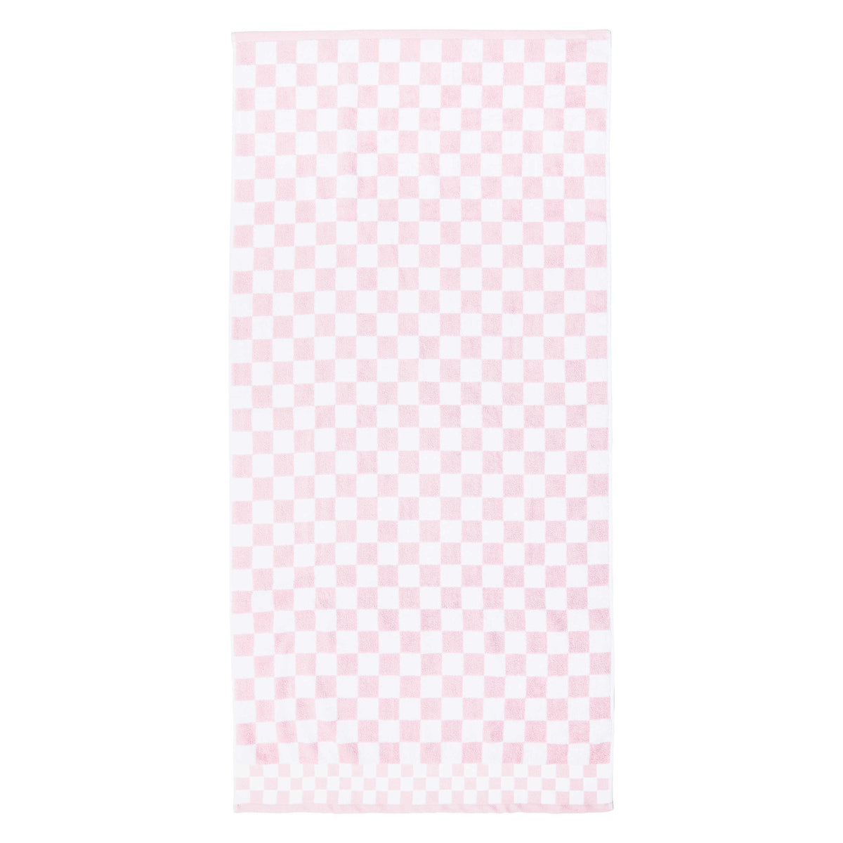 Pink check bath towel made of cotton terrycloth with a matching border trim.